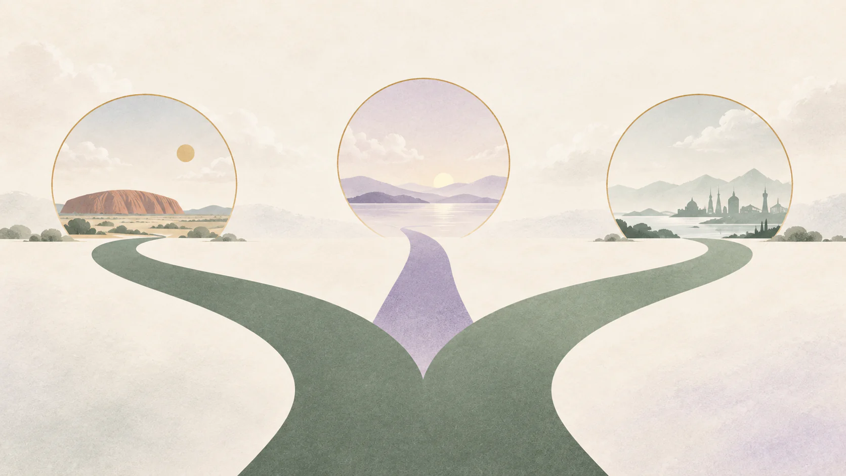Three illustrated paths leading toward different gold-edged portals in the Project Get Out style.
