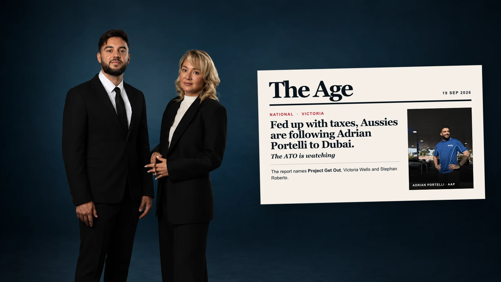 Project Get Out founders Stephan Roberto and Victoria Wells beside a recreated The Age article card about Australians moving to Dubai, featuring Adrian Portelli.