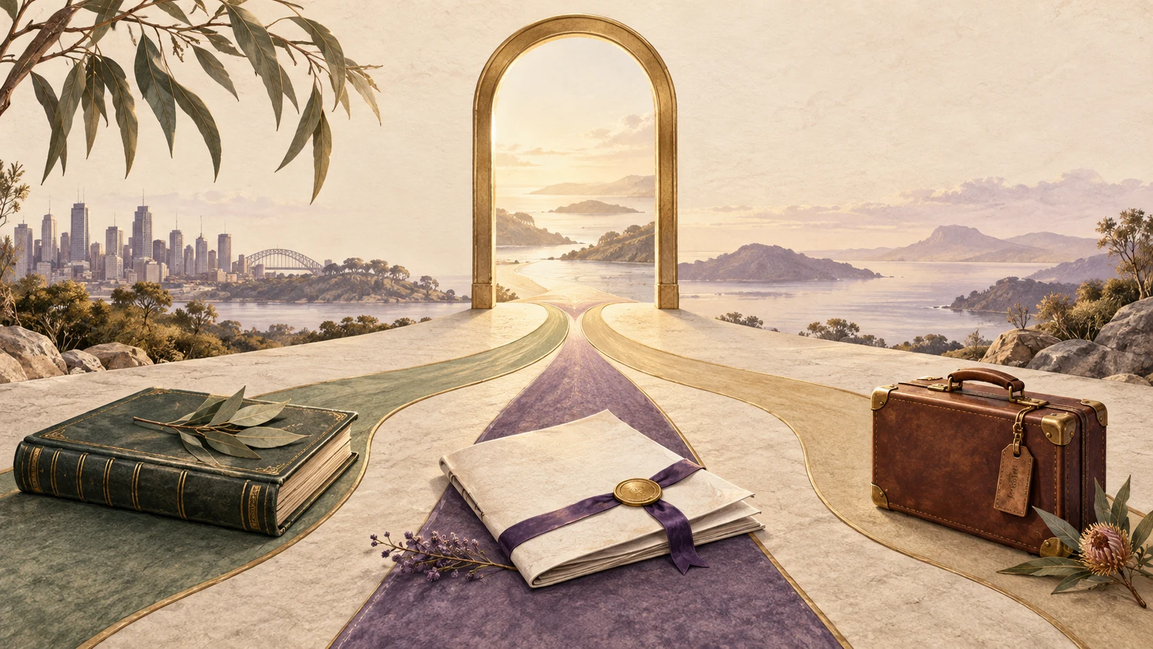 Three paths marked by a business ledger, sale papers and travel case converge toward an open gold portal.